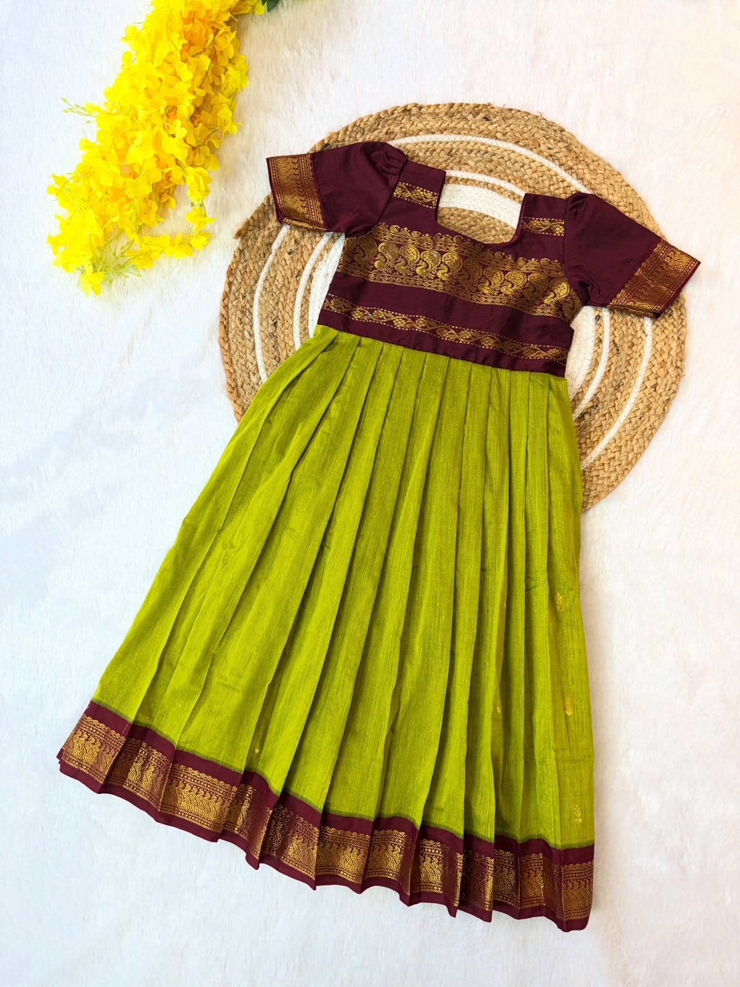 Green and Maroon Border premium Kalyani Silk Pleated Frock