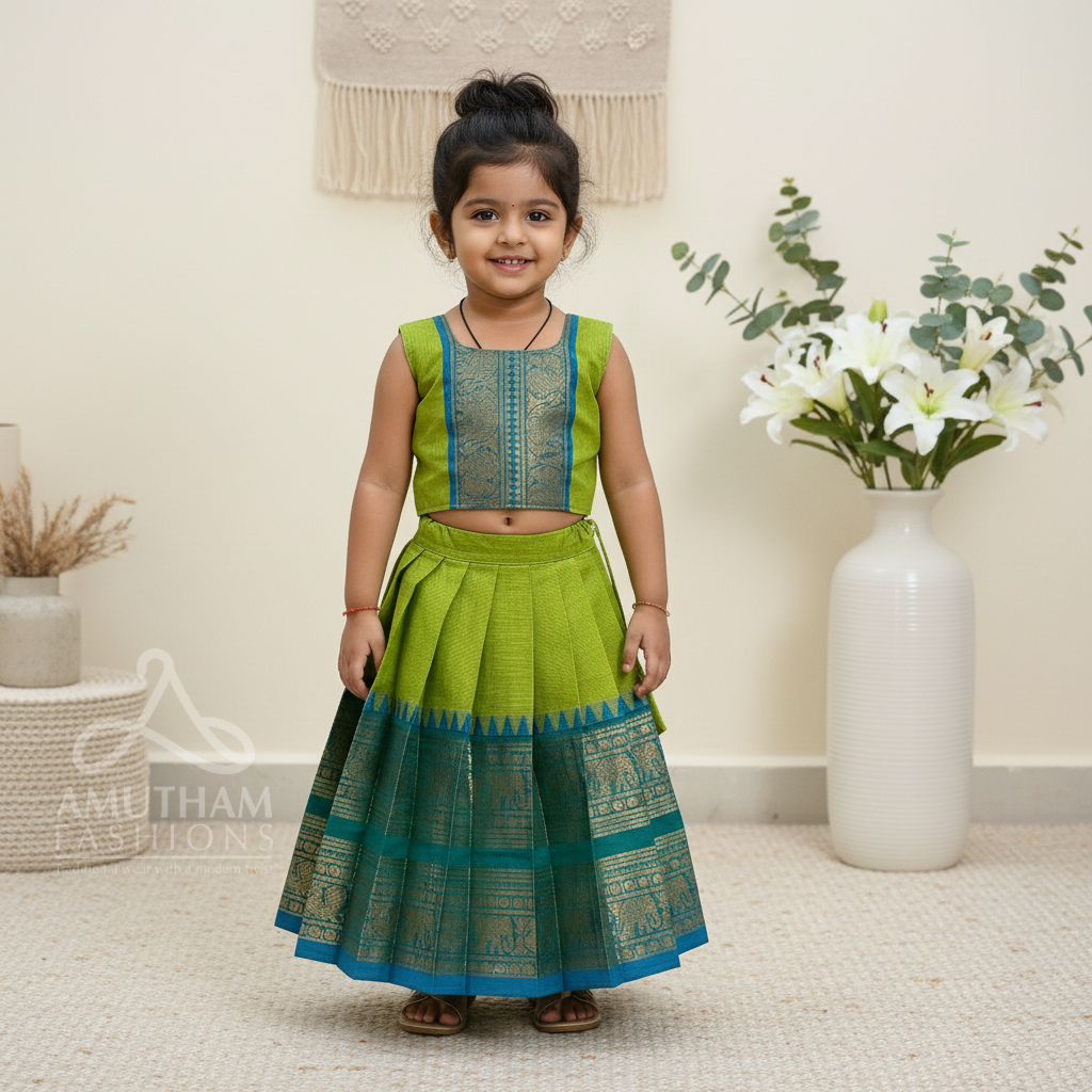 Mayura Authentic Kanchi cotton Paavadai Sattai with traditional zari border – Light Green and Light Blue Border