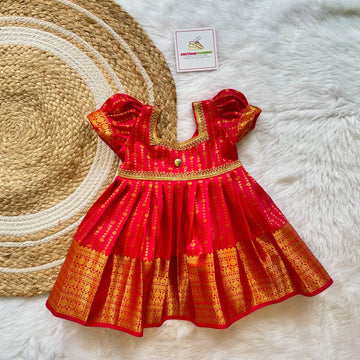 Classic Red Semi Kanchipattu Frock