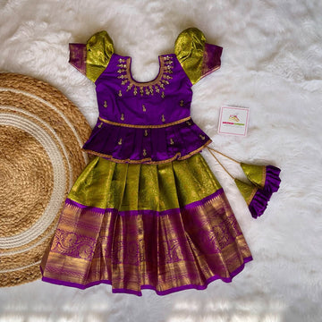 Aariwork Light Green and Voilet Peplum Top Premium Semi Kanchipattu Paavadai and Sattai