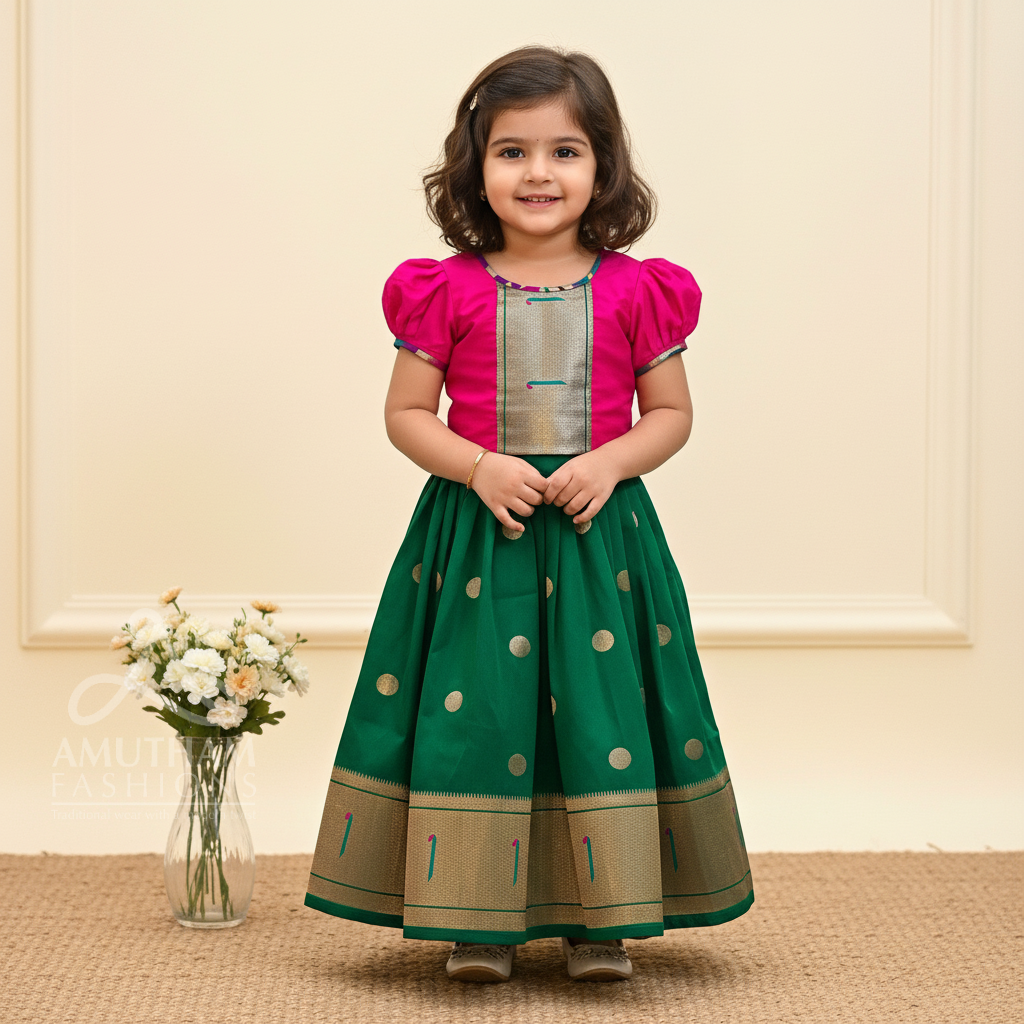 Forest Green and Pink – Authentic Paithani Silk Paavadai and Sattai