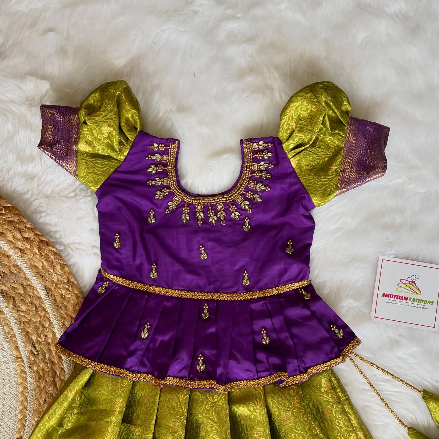 Aariwork Light Green and Voilet Peplum Top Premium Semi Kanchipattu Paavadai and Sattai