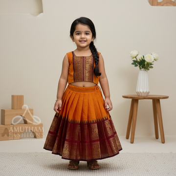 Narumugai Authentic Kanchi cotton Paavadai Sattai with traditional zari border – Orange and Maroon Color Combo