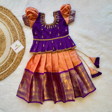 Peach and Voilet Peplum Top Aariwork Premium Semi Kanchipattu Paavadai and Sattai