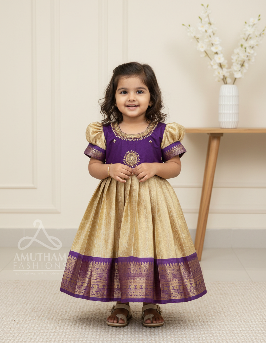 Cream and Voilet - Traditional pattu frock adorned with delicate aariwork design