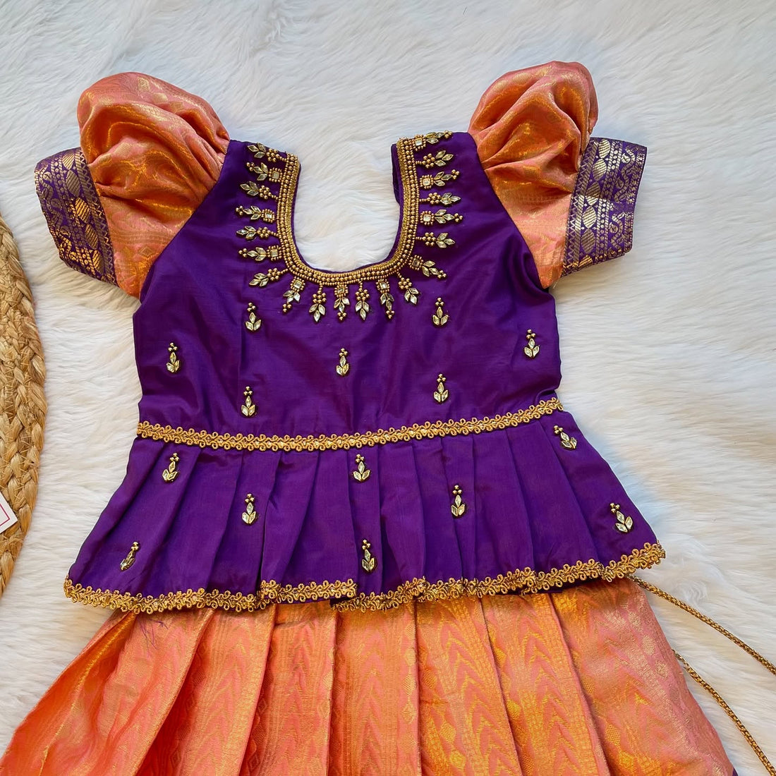 Peach and Voilet Peplum Top Aariwork Premium Semi Kanchipattu Paavadai and Sattai