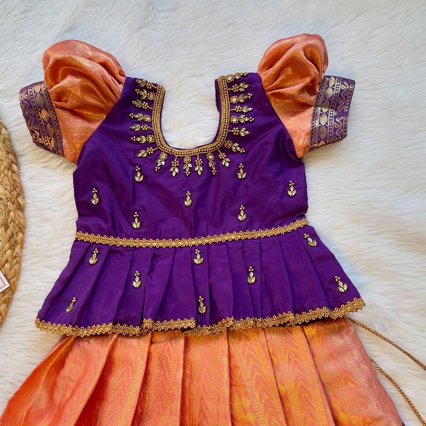 Peach and Voilet Peplum Top Aariwork Premium Semi Kanchipattu Paavadai and Sattai