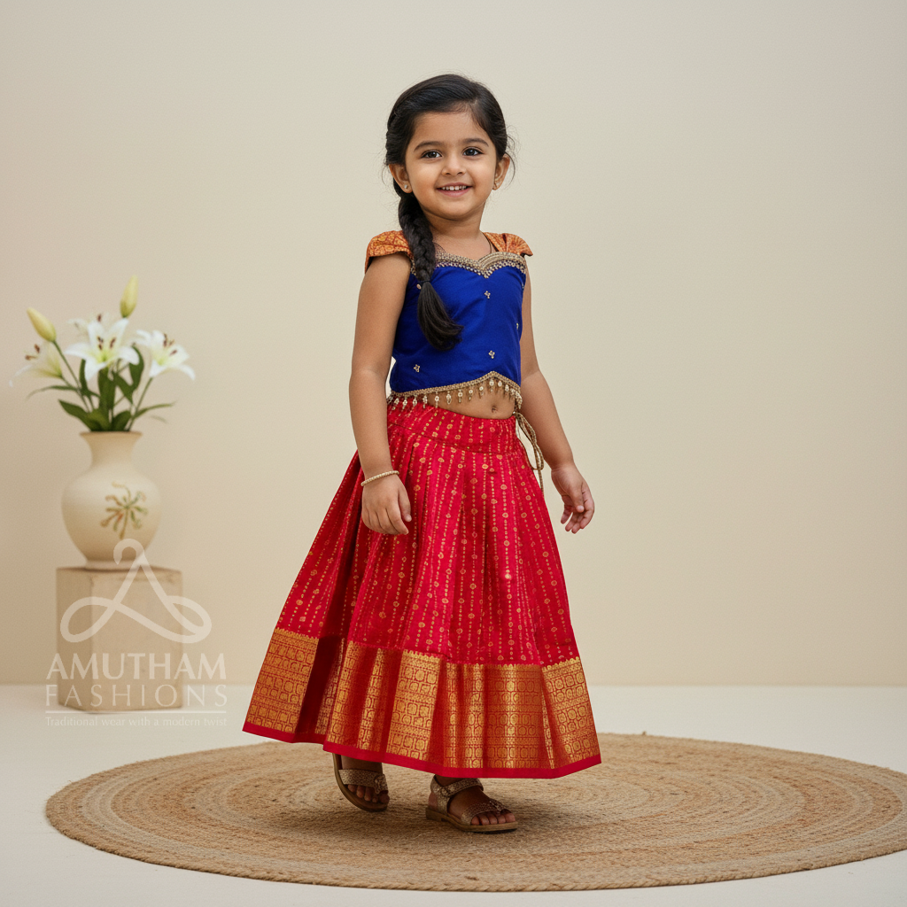 Red and Blue - Traditional Kanchipattu Paavadai and Sattai