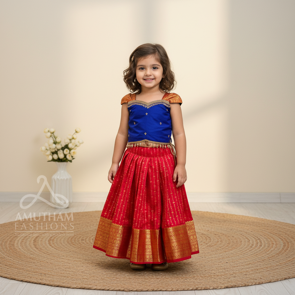 Red and Blue - Traditional Kanchipattu Paavadai and Sattai