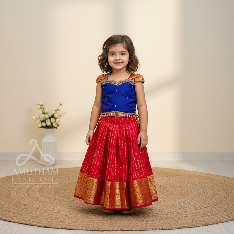 Red and Blue - Traditional Kanchipattu Paavadai and Sattai