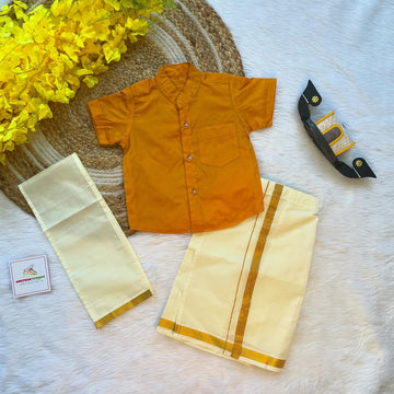 Mustard Boys Silk Cotton Half Sleeves Shirt & Vesti Set