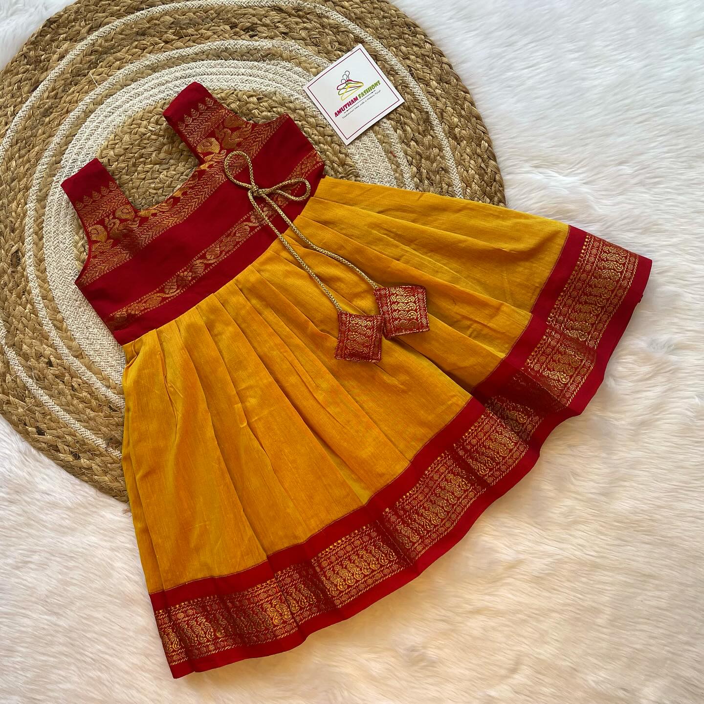 Yellow and Red Kalyani cotton frock