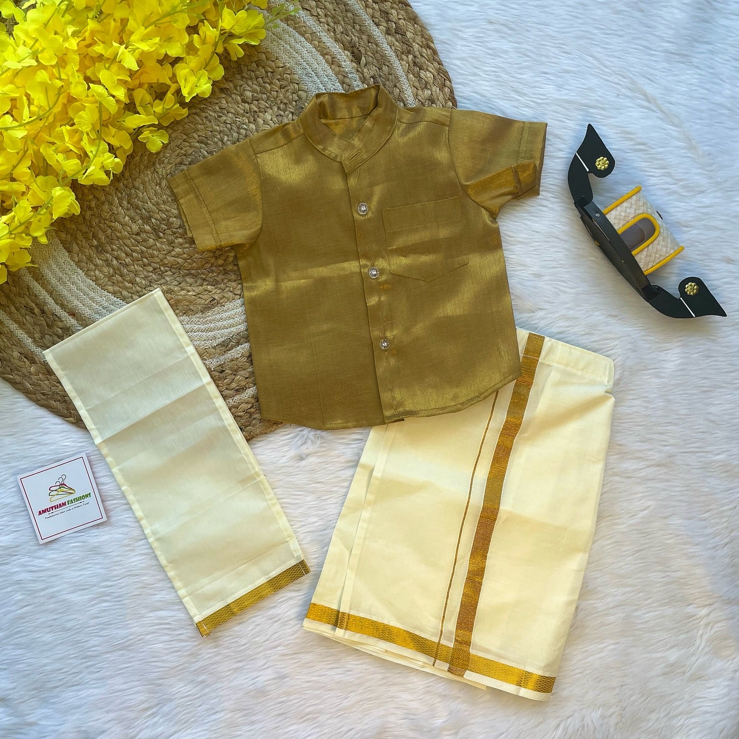 Gold Boys Silk Cotton Half Sleeves Shirt & Vesti Set