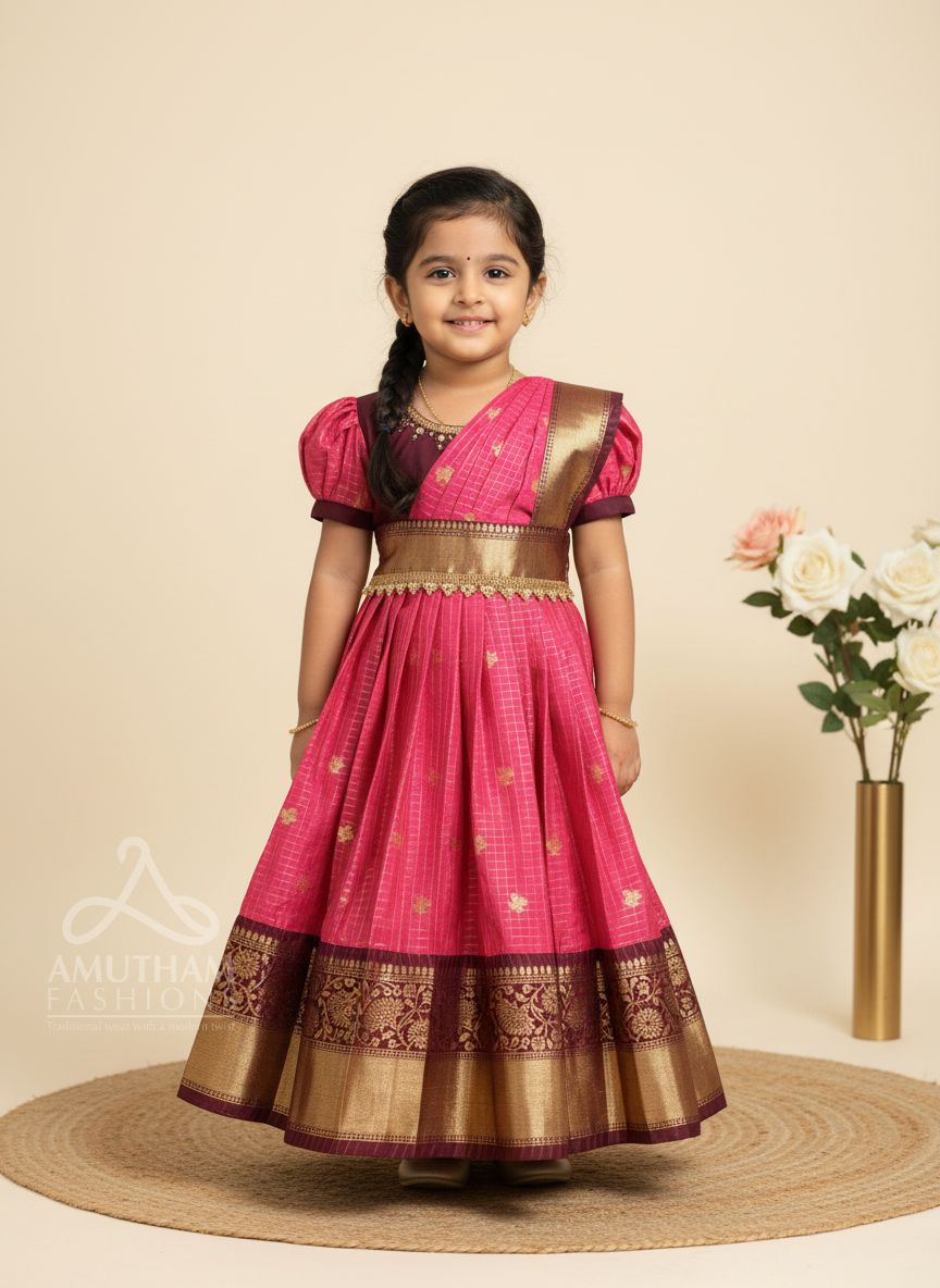 Pink and Maroon Traditional Color combo ethnic frock with dupatta model