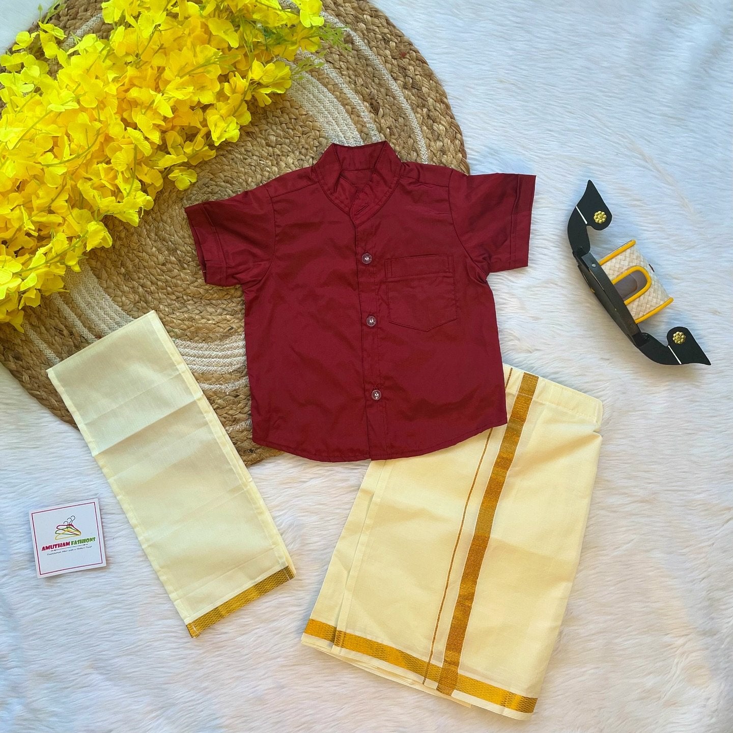 Maroon Boys Silk Cotton Half Sleeves Shirt & Vesti Set