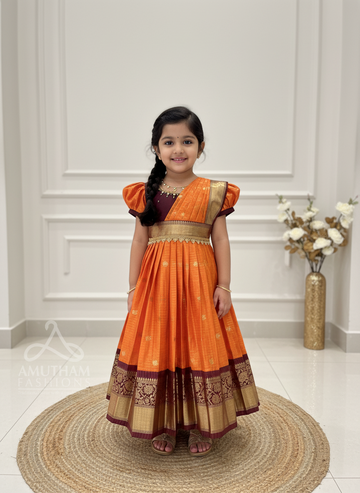 Orange and Maroon Traditional Color combo ethnic frock with dupatta model