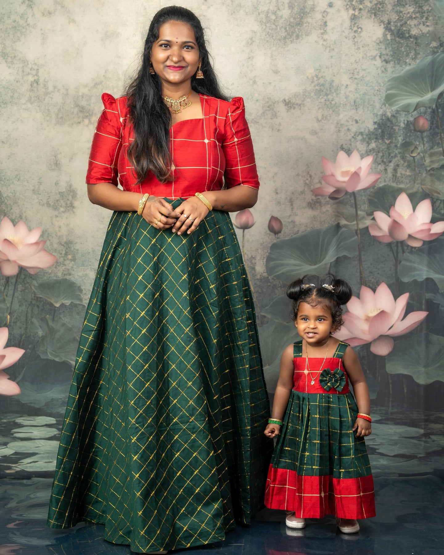 Raw Silk Dark Green and Red Mom Daughter Combo - Feeding Long Gown for Mom | Baby Frock