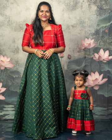 Raw Silk Dark Green and Red Mom Daughter Combo - Feeding Long Gown for Mom | Baby Frock