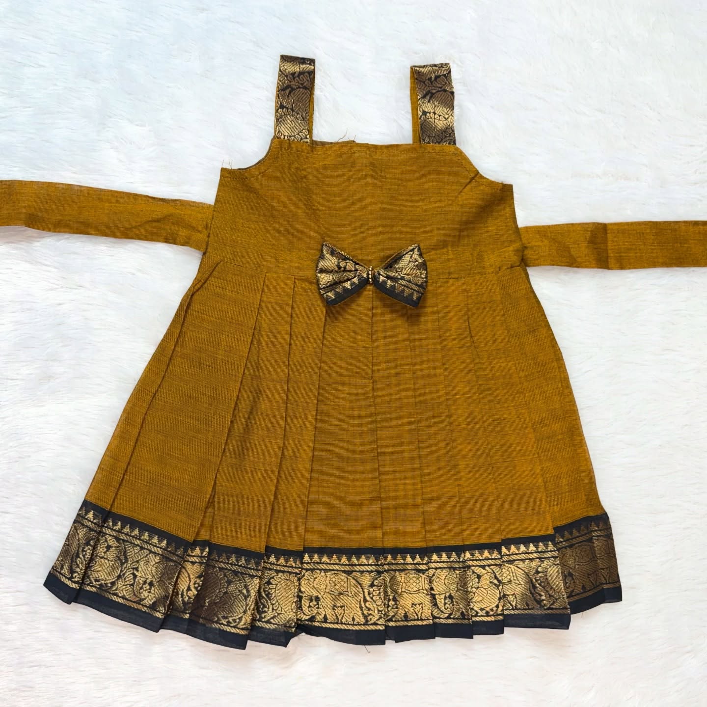 Mustard Yellow with Black - Traditional Kanchi Cotton Kids Ethnic Midi Length Frock