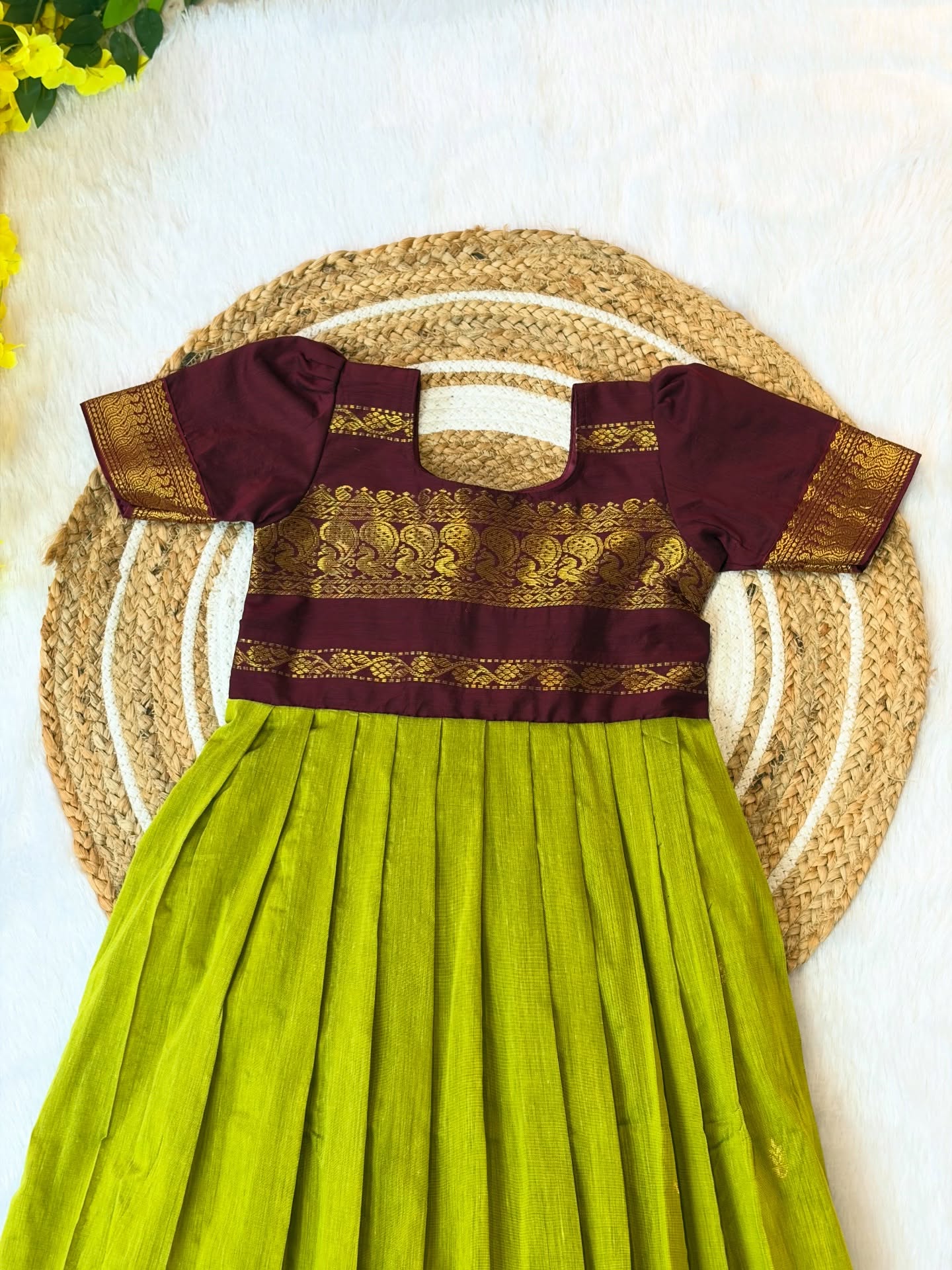 Green and Maroon Border premium Kalyani Silk Pleated Frock