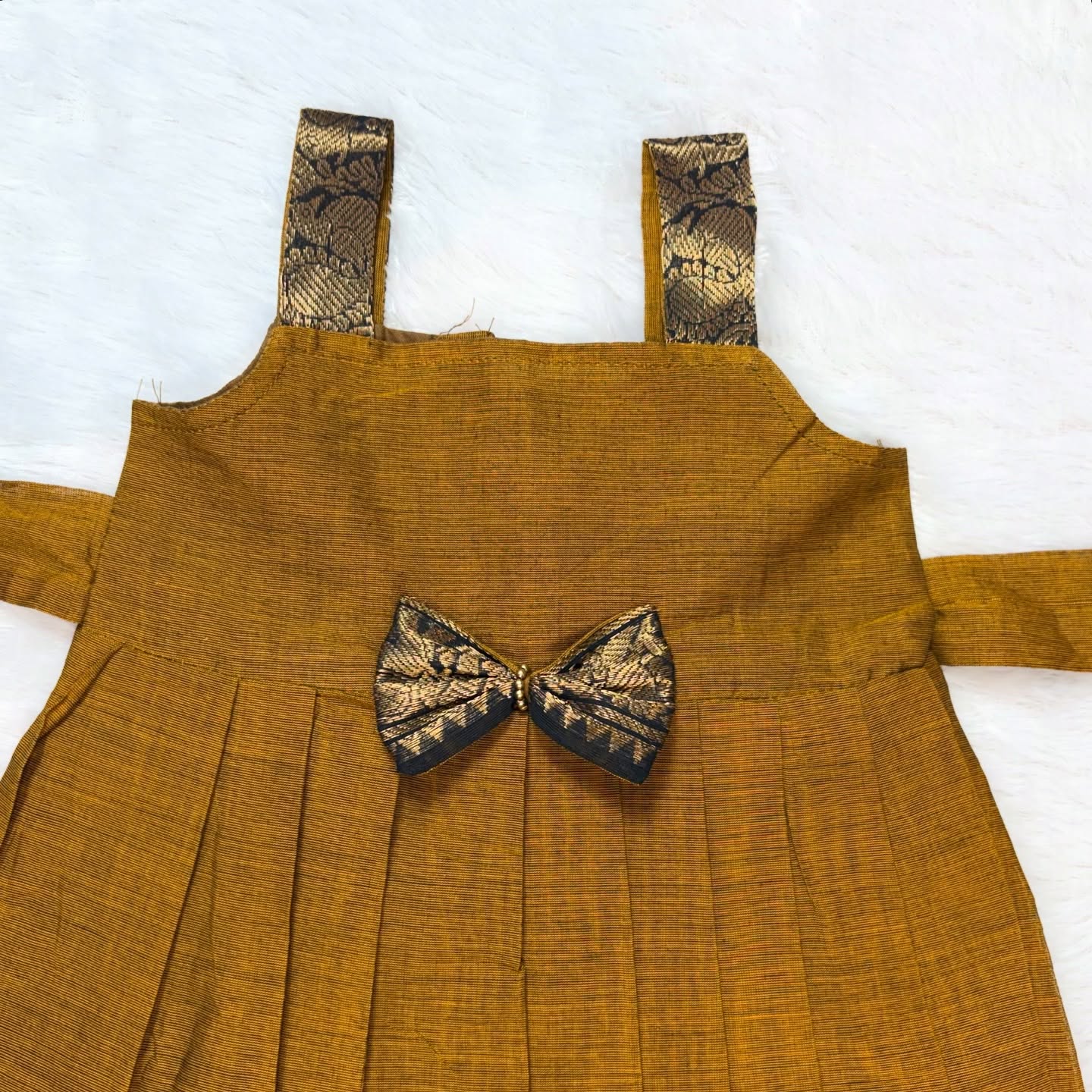 Mustard Yellow with Black - Traditional Kanchi Cotton Kids Ethnic Midi Length Frock