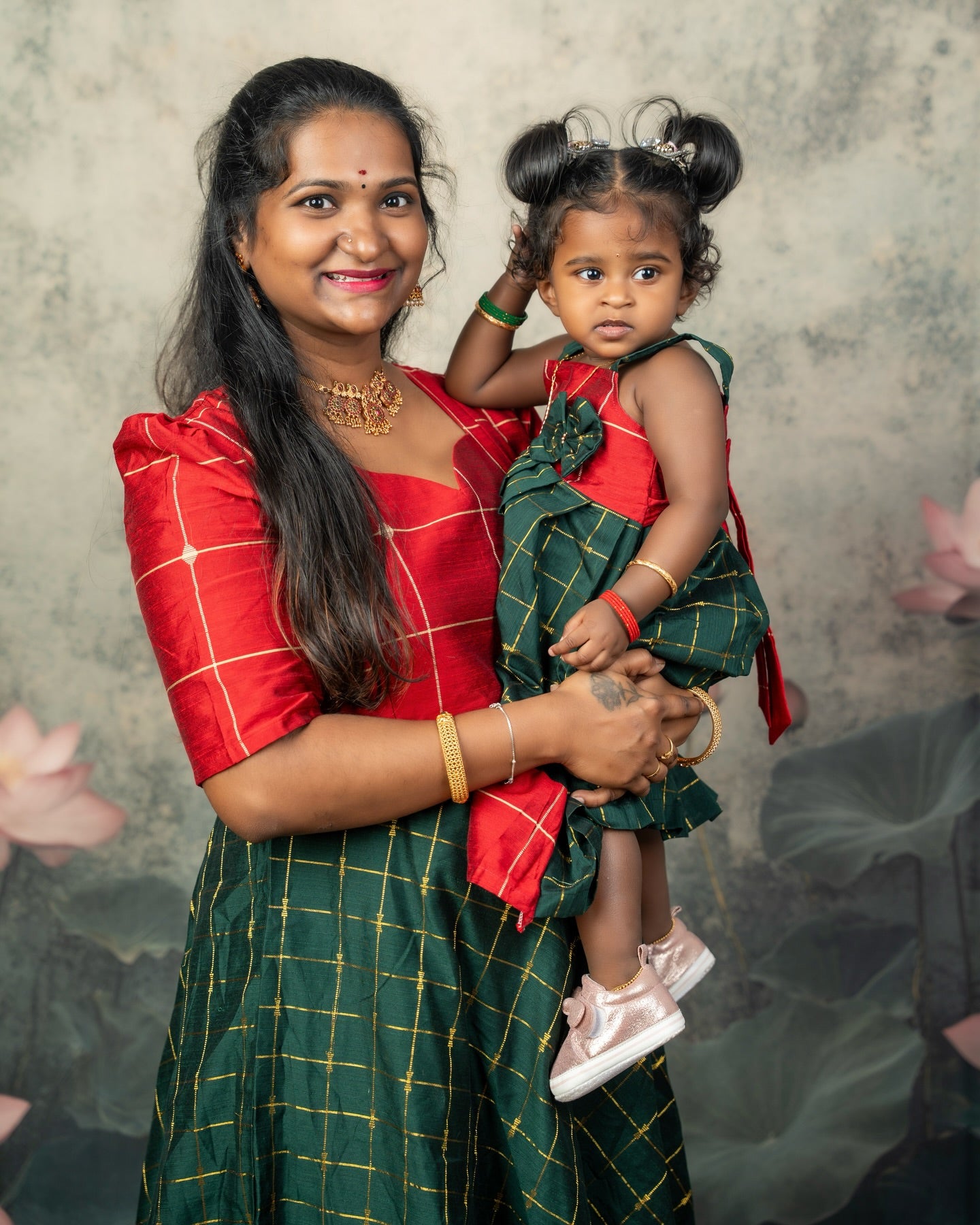 Raw Silk Dark Green and Red Mom Daughter Combo - Feeding Long Gown for Mom | Baby Frock