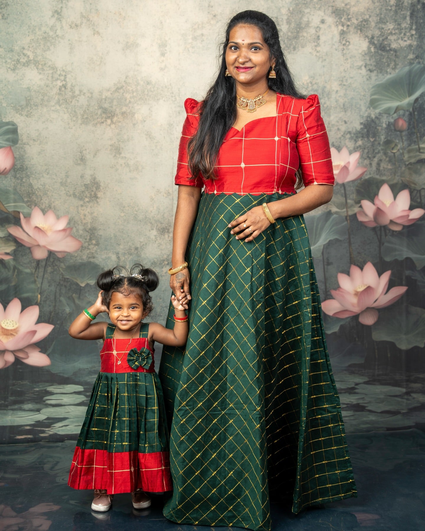 Raw Silk Dark Green and Red Mom Daughter Combo - Feeding Long Gown for Mom | Baby Frock
