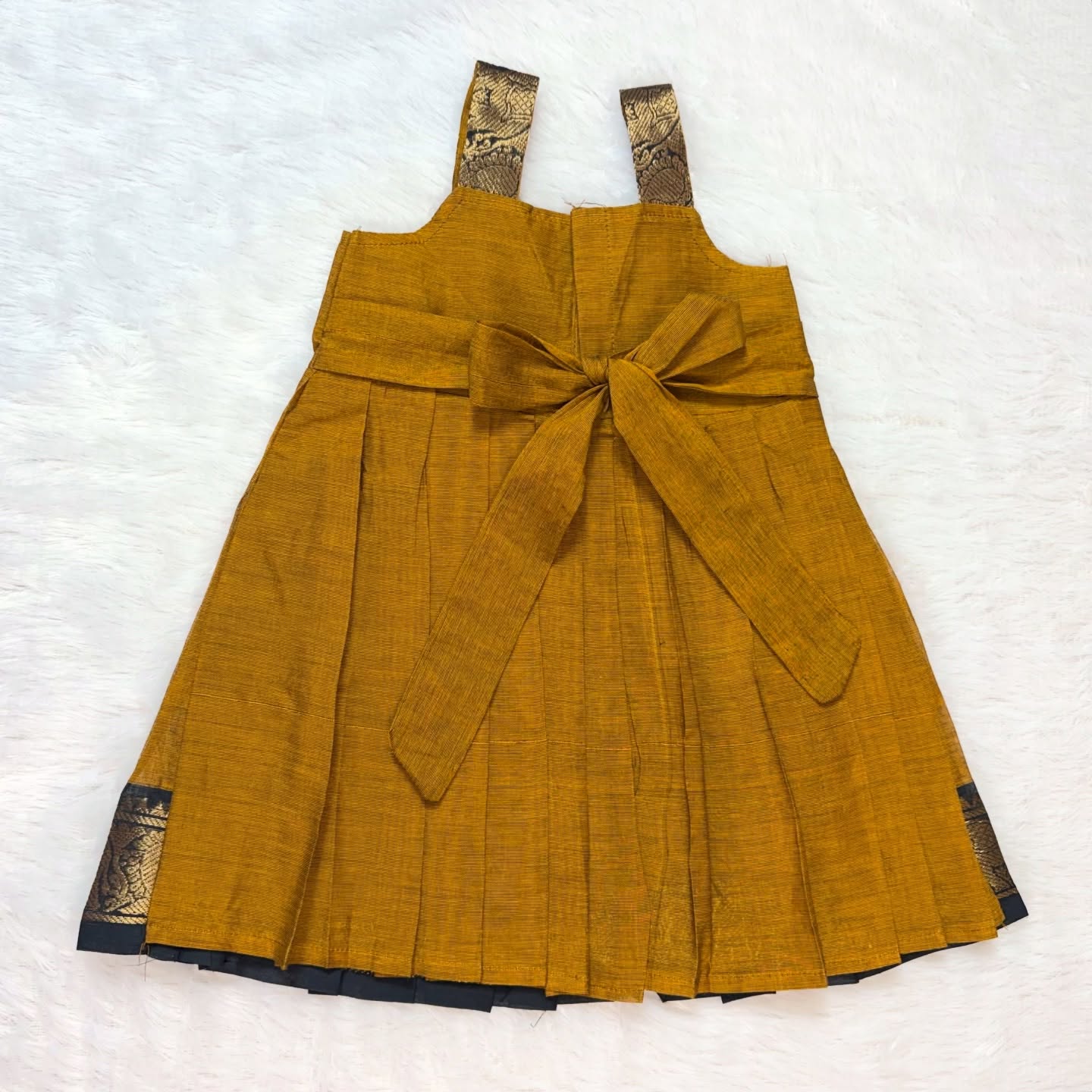 Mustard Yellow with Black - Traditional Kanchi Cotton Kids Ethnic Midi Length Frock