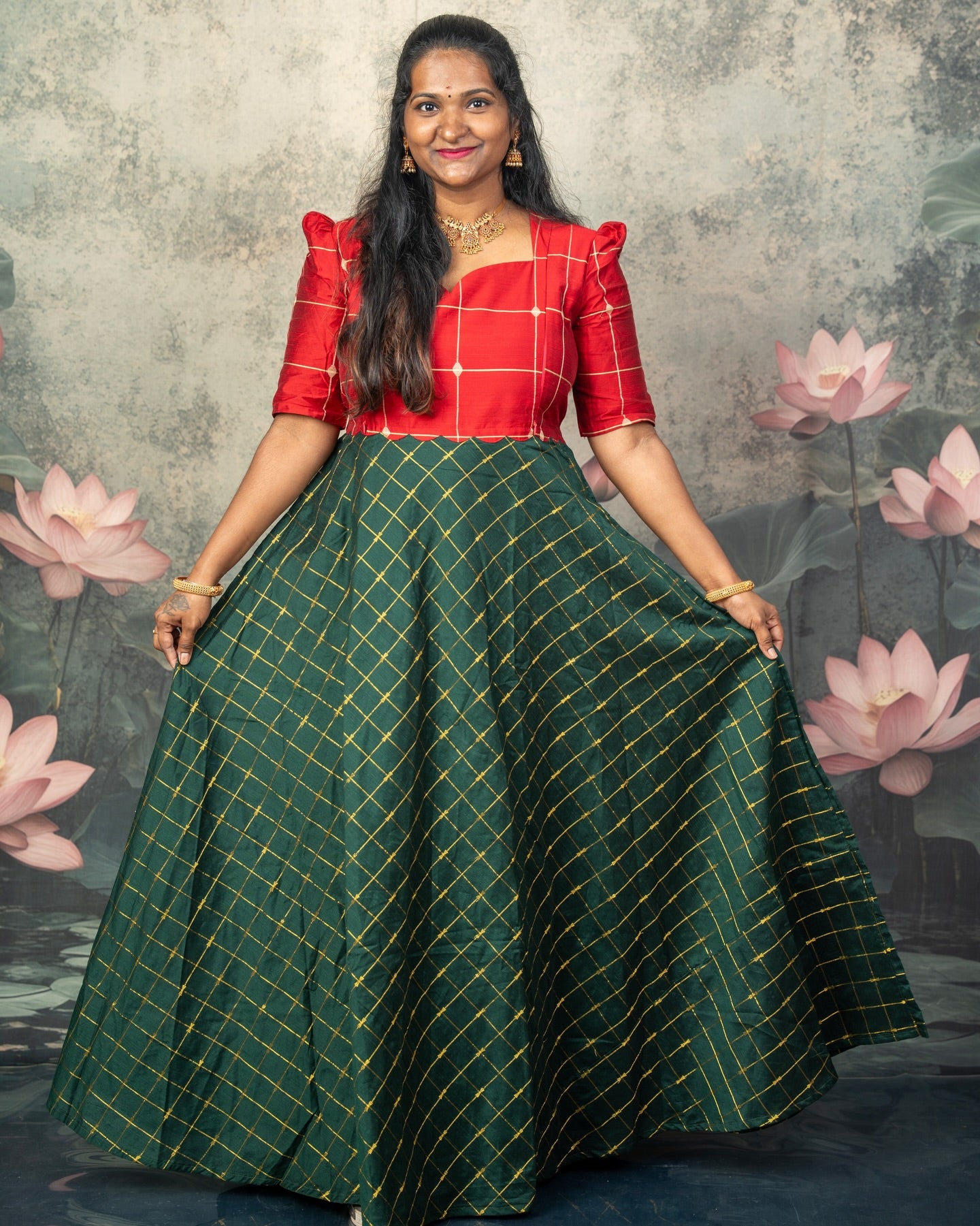 Raw Silk Dark Green and Red Mom Daughter Combo - Feeding Long Gown for Mom | Baby Frock