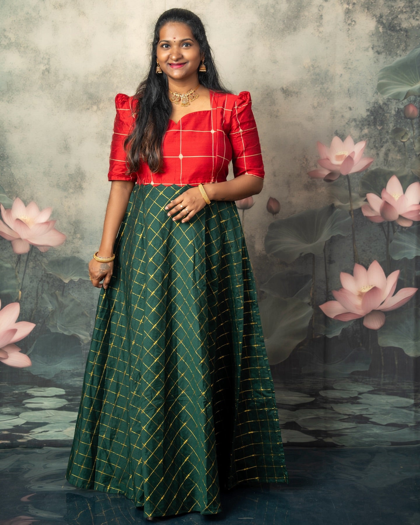 Raw Silk Dark Green and Red Mom Daughter Combo - Feeding Long Gown for Mom | Baby Frock