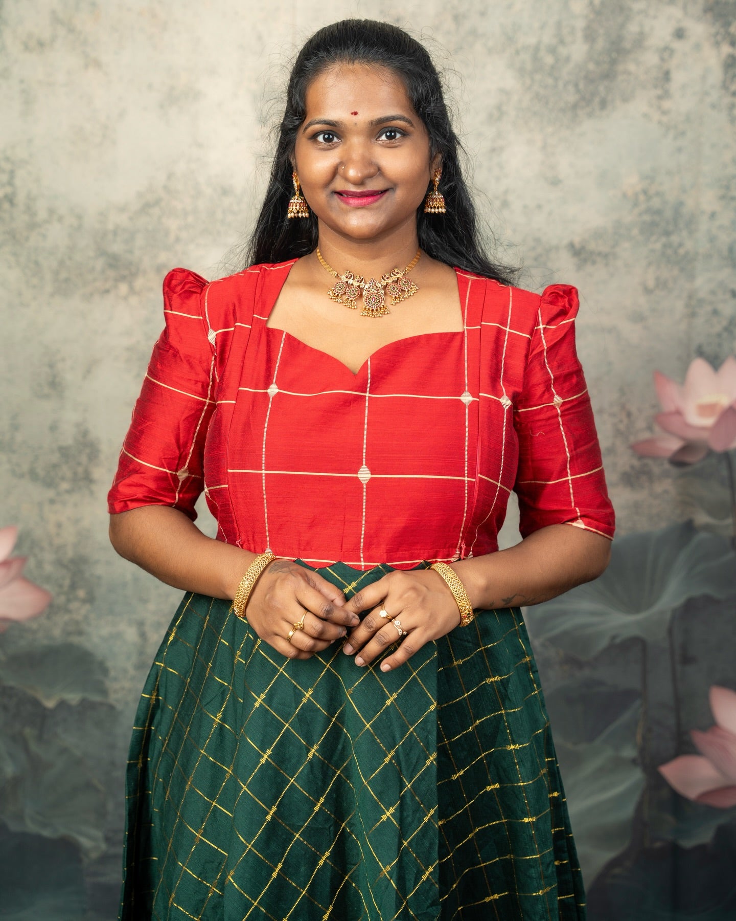 Raw Silk Dark Green and Red Mom Daughter Combo - Feeding Long Gown for Mom | Baby Frock