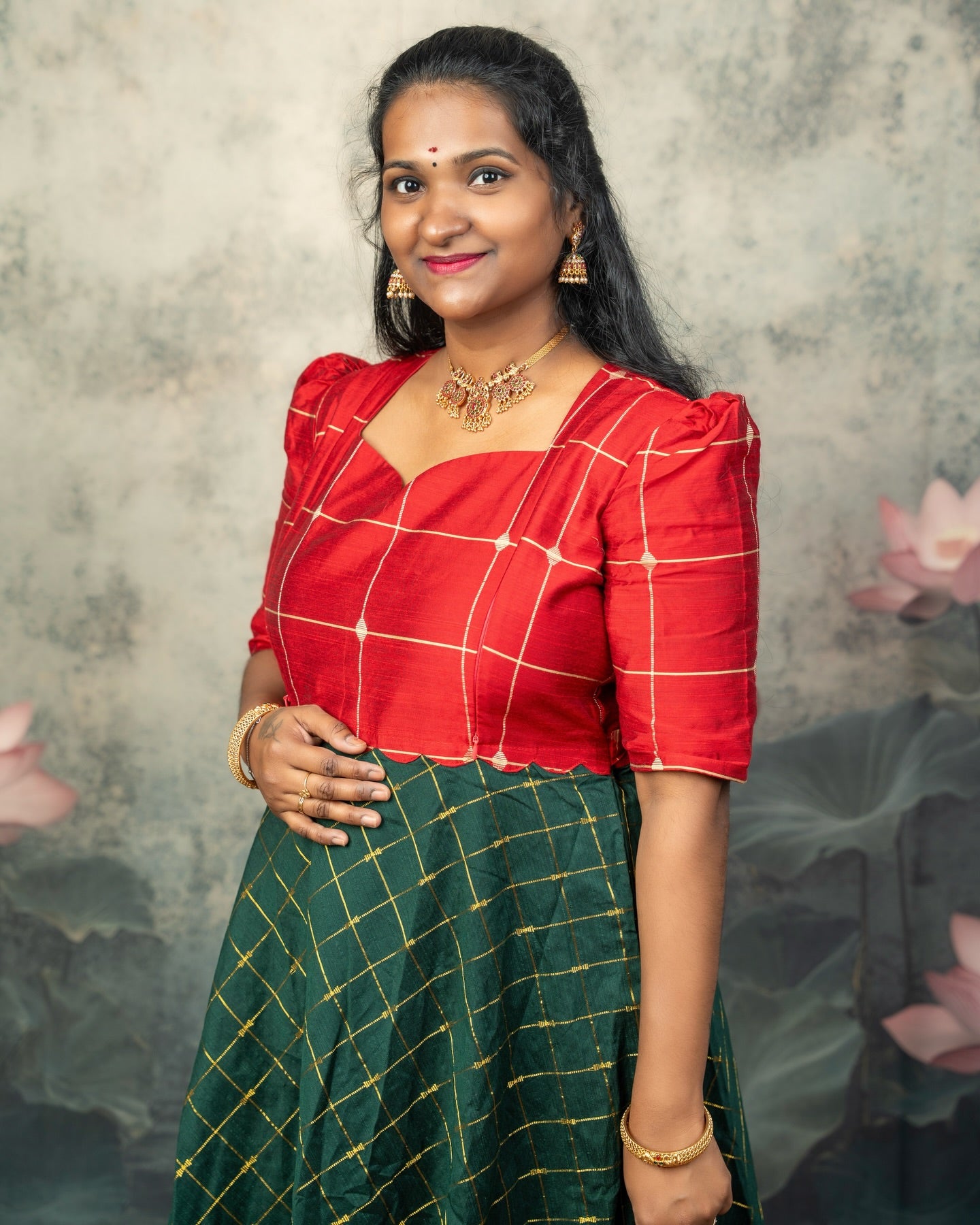 Raw Silk Dark Green and Red Mom Daughter Combo - Feeding Long Gown for Mom | Baby Frock