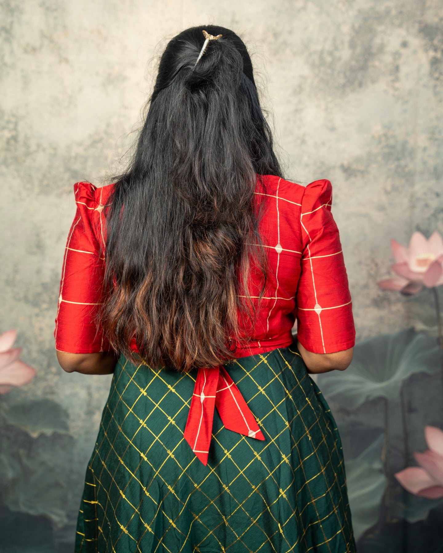 Raw Silk Dark Green and Red Mom Daughter Combo - Feeding Long Gown for Mom | Baby Frock