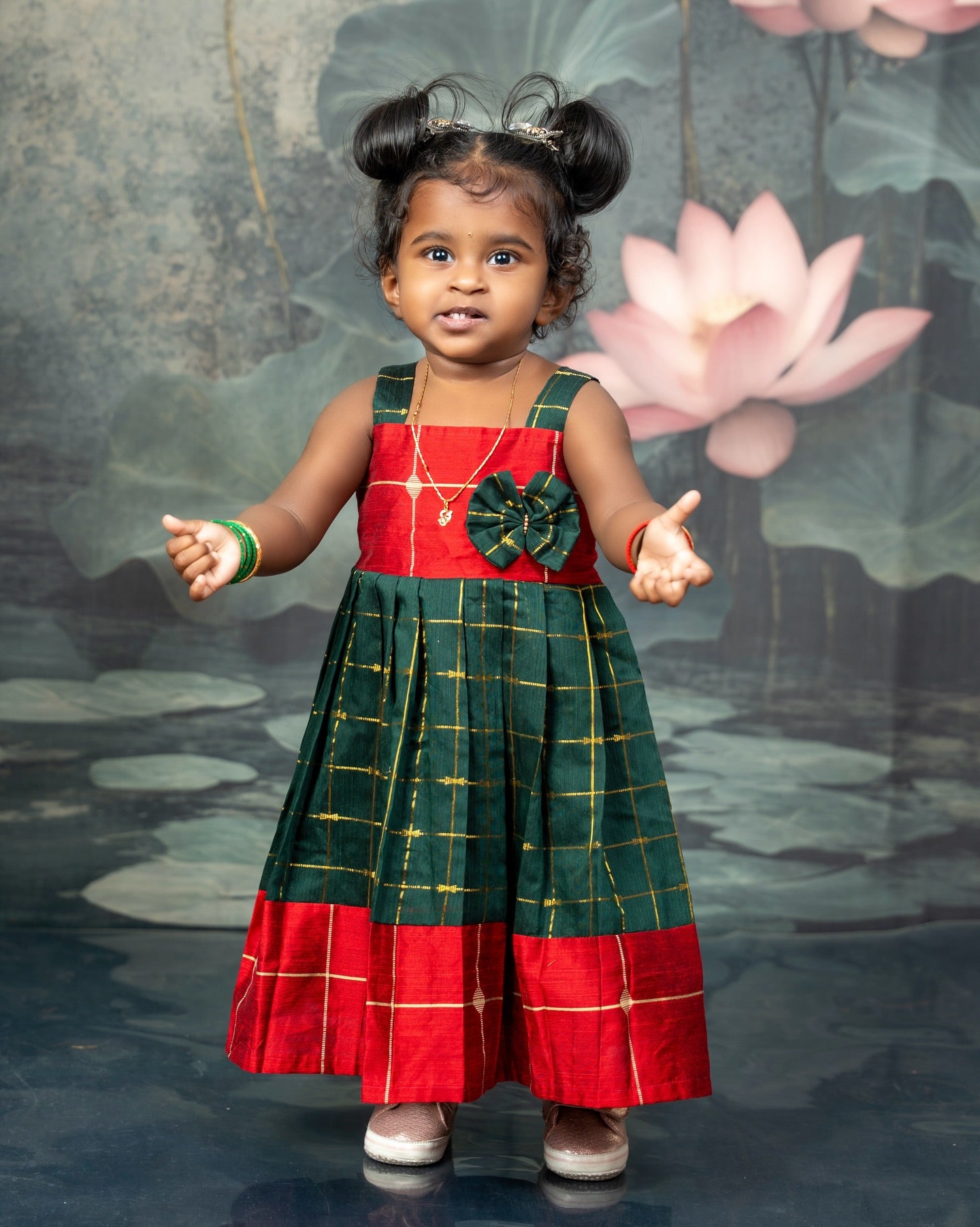 Raw Silk Dark Green and Red Mom Daughter Combo - Feeding Long Gown for Mom | Baby Frock