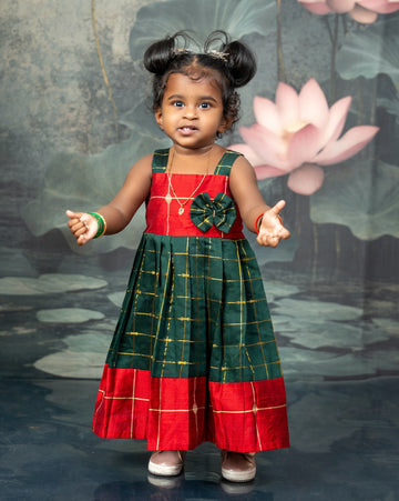 Dark Green and Red Raw Silk Frock
