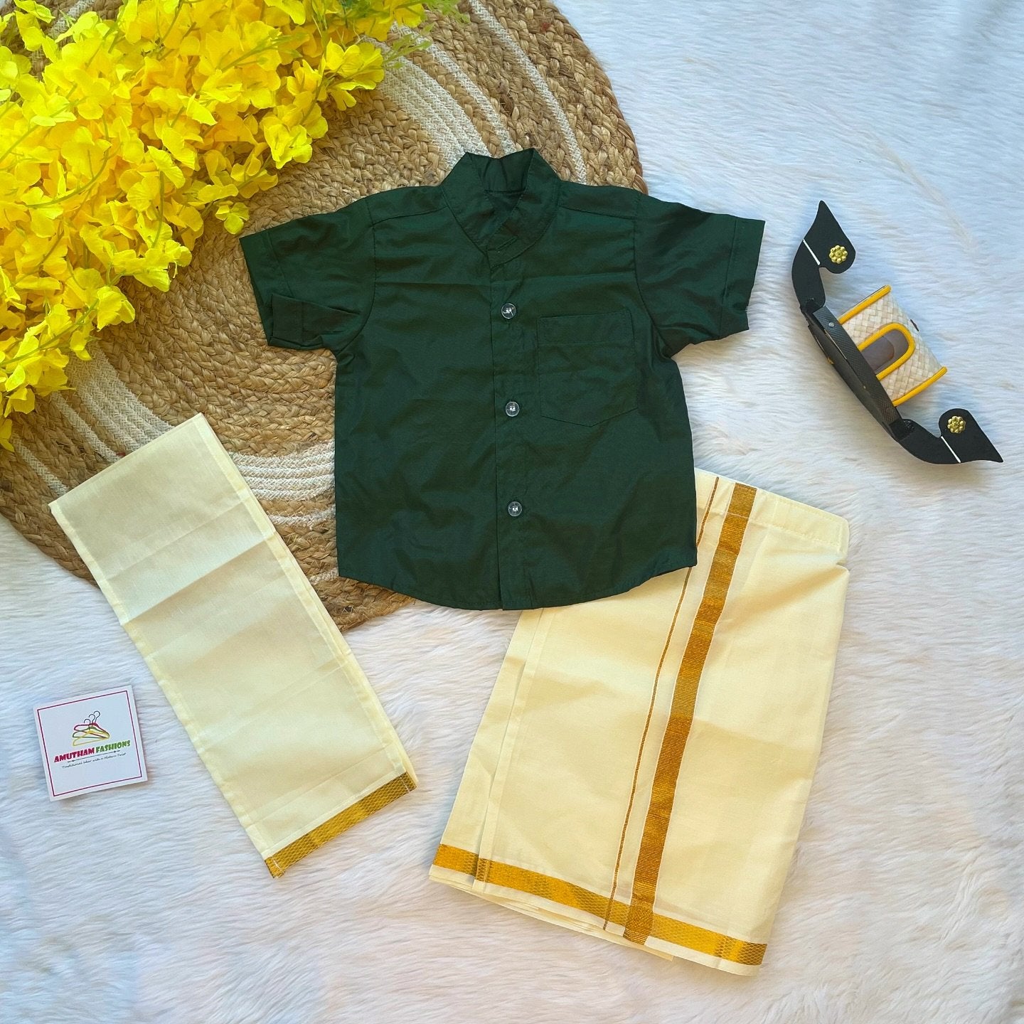Dark Green Boys Silk Cotton Half Sleeves Shirt & Vesti Set