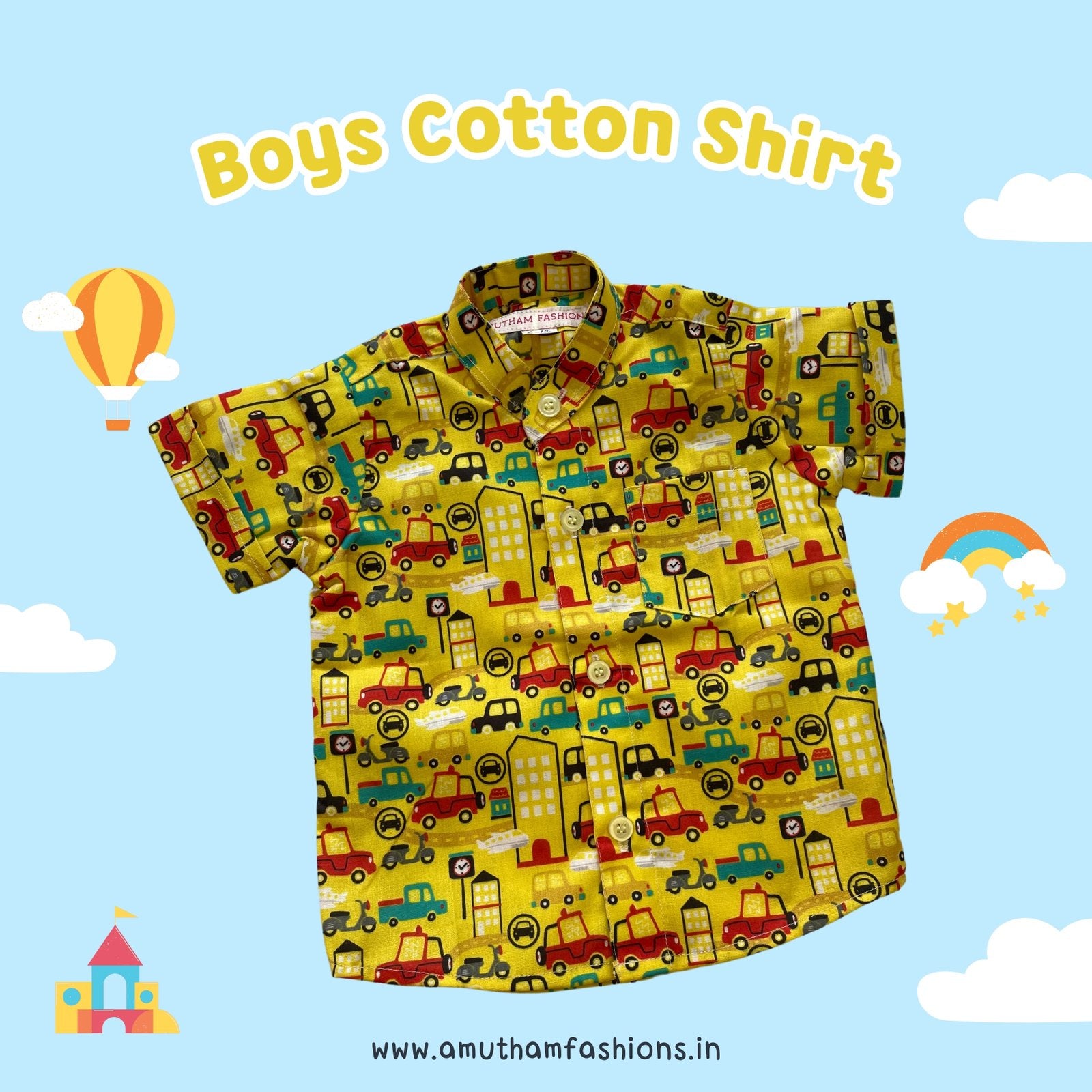 Super Comfortable and Stylish 100% Cotton Kids Shirt – Yellow Car & Scooter Print