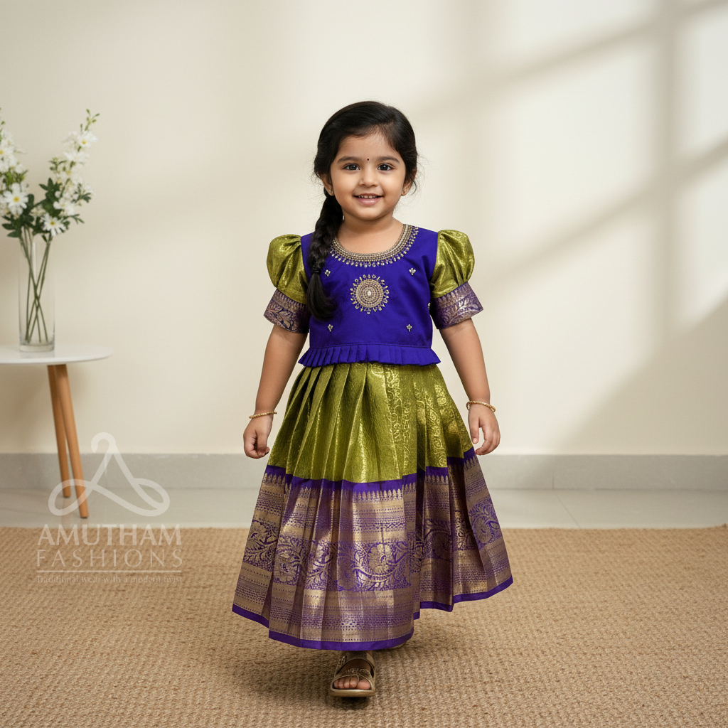 Light Green and Purple Aariwork Premium Semi Kanchipattu Paavadai and Sattai