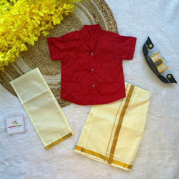 Red Boys Silk Cotton Half Sleeves Shirt & Vesti Set