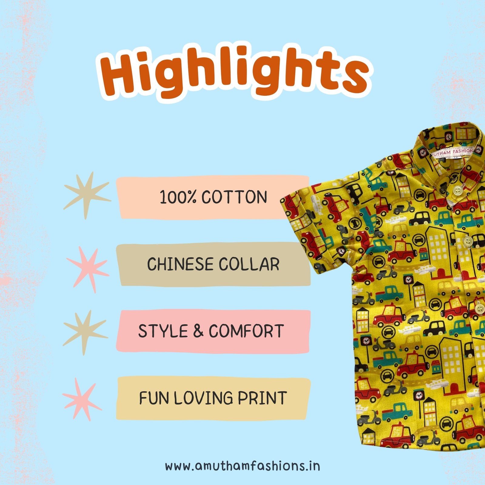 Super Comfortable and Stylish 100% Cotton Kids Shirt – Yellow Car & Scooter Print