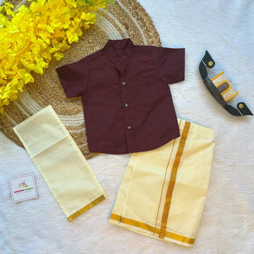 Brown Boys Silk Cotton Half Sleeves Shirt & Vesti Set