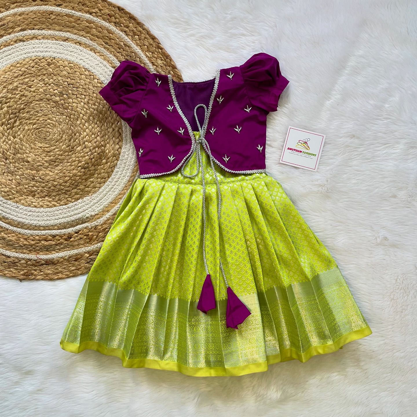 Light Green Semi Kanchipattu Frock with Grape Color Semi Silk Jacket