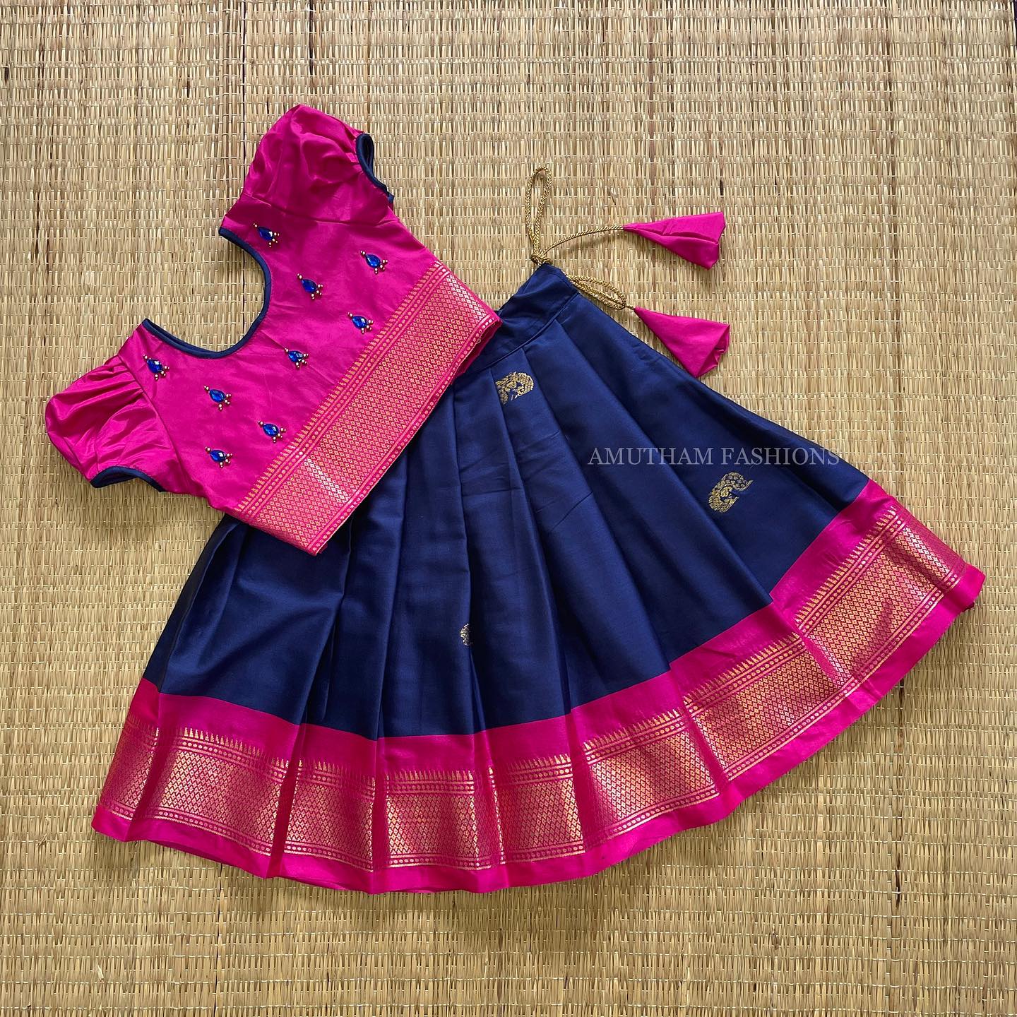 Pink and Dark Blue Silk Paavadai Sattai