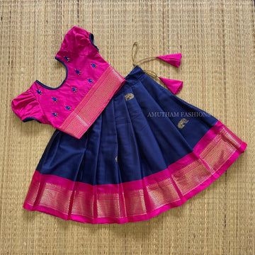 Pink and Dark Blue Silk Paavadai Sattai