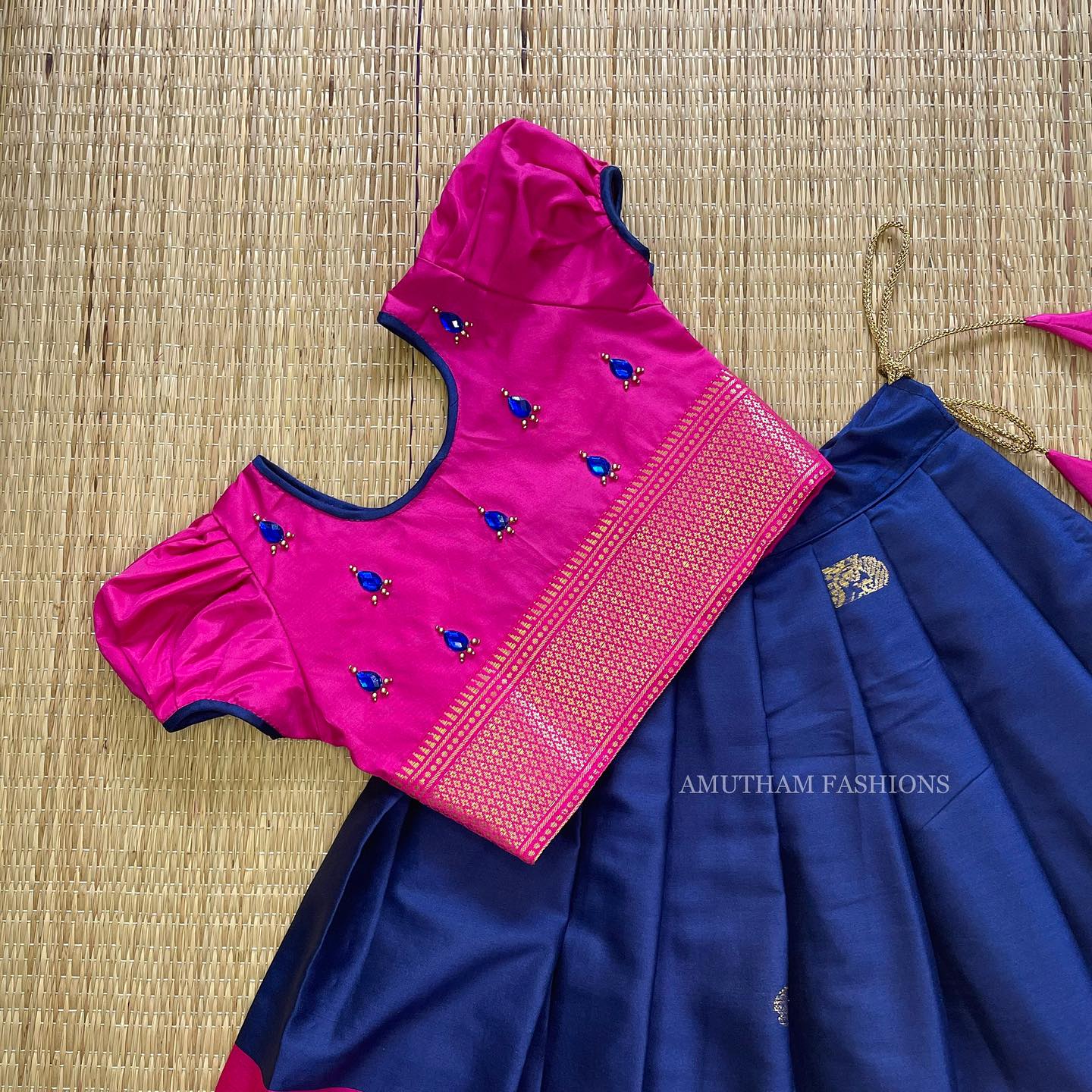Pink and Dark Blue Silk Paavadai Sattai