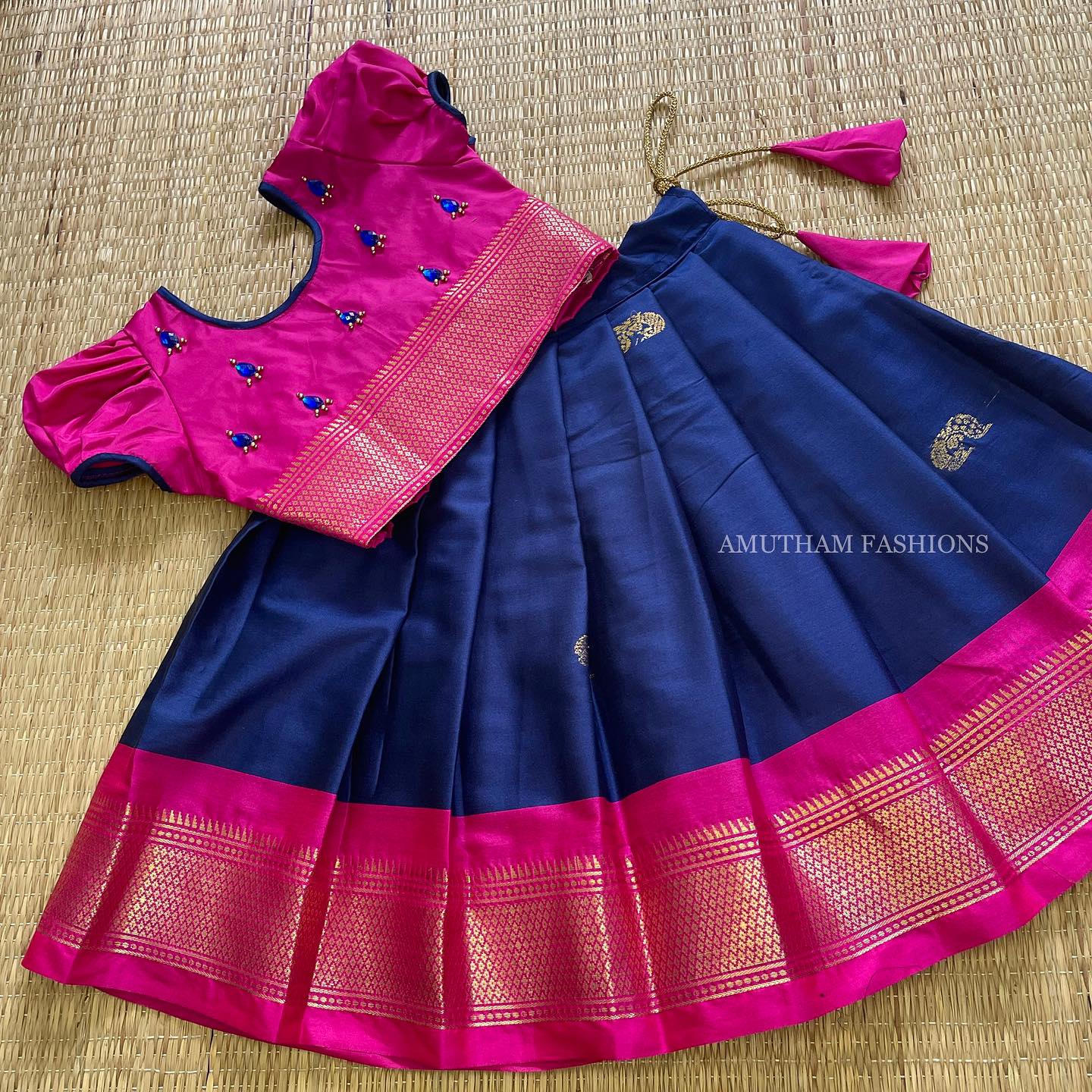 Pink and Dark Blue Silk Paavadai Sattai