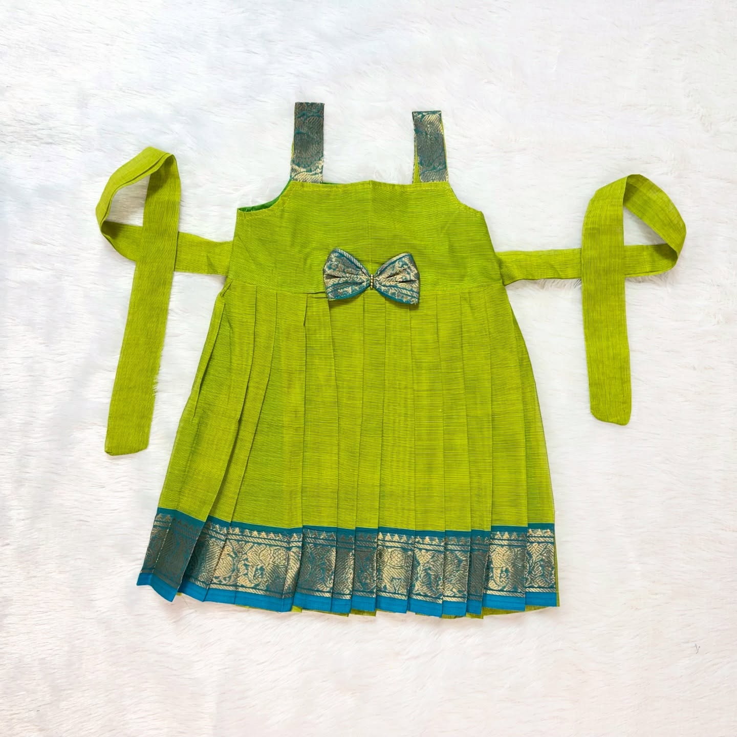 Light Green with Light Blue - Traditional Kanchi Cotton Kids Ethnic Midi Length Frock