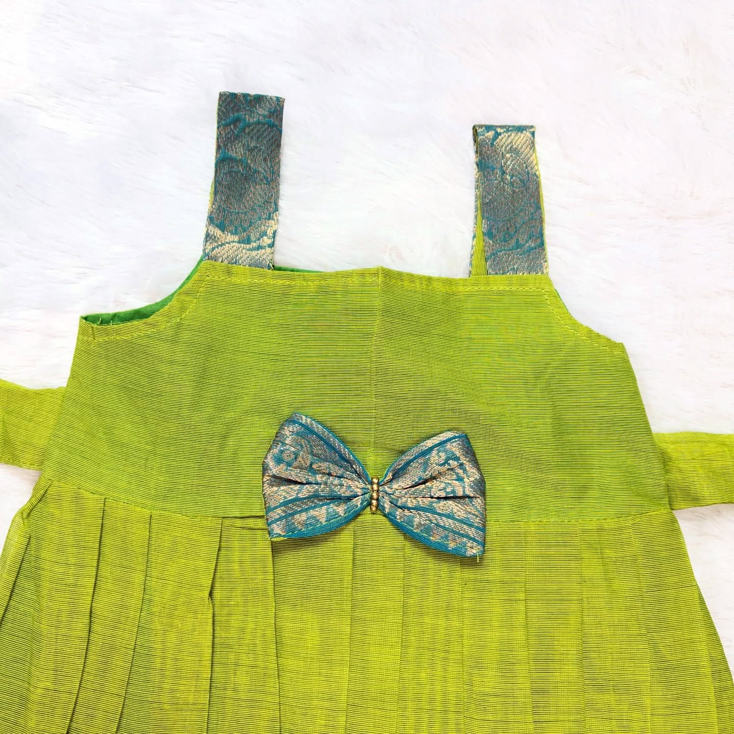 Light Green with Light Blue - Traditional Kanchi Cotton Kids Ethnic Midi Length Frock