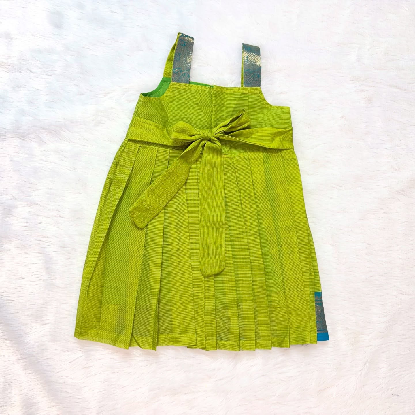 Light Green with Light Blue - Traditional Kanchi Cotton Kids Ethnic Midi Length Frock