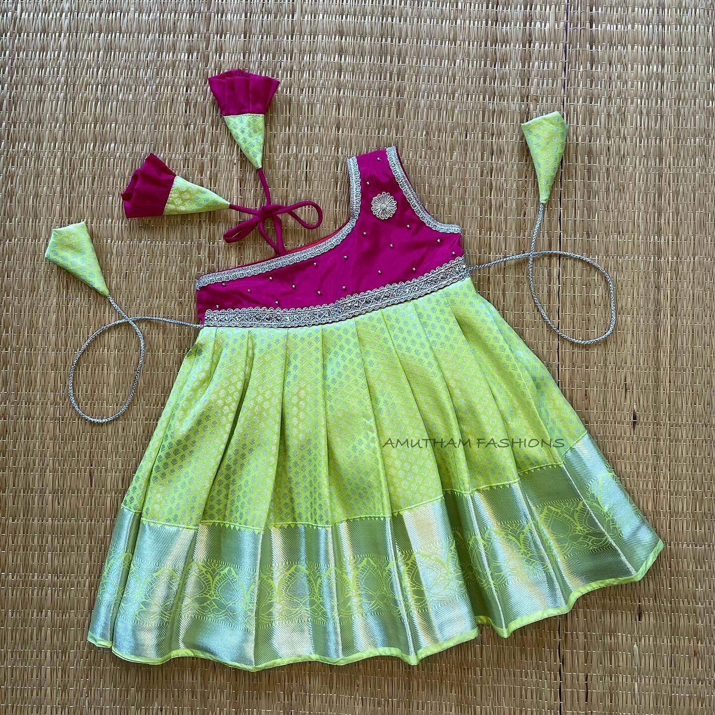Pink & Pastel Green semi Kanchi Pattu Frock - Silver Zari